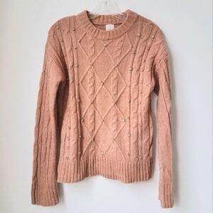 A New Day Cable Knit Embellished Crew Neck Sweater Coral Pink Siz XS
